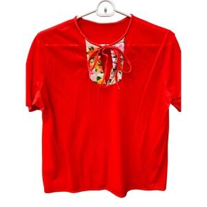 Sears Perma-Prest Jamarettes Pajama Top – Red w/ Quilted Floral Bib – 60s/70s